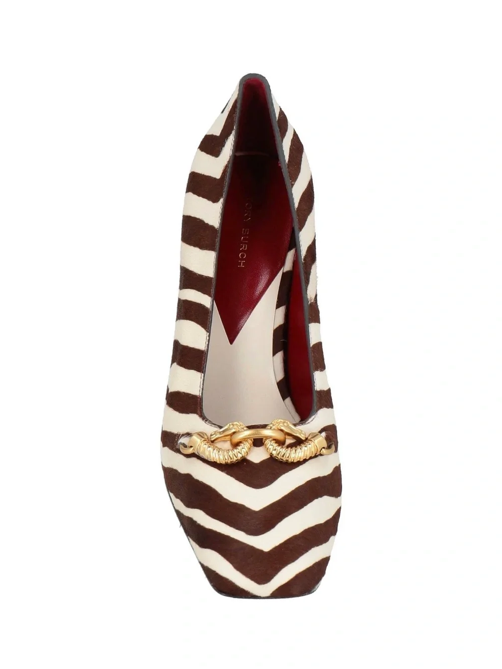 Tory Burch brown and ivory calf hair zebra print pumps with gold chain link